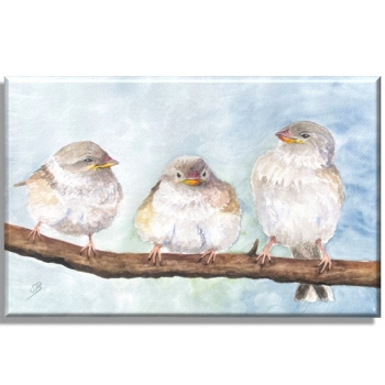 Leinwand 40 x 30 cm Keilrahmen Canvas-Leinen Aquarell Kunst Druck Kunstdruck Spatz Vogel Frühling Vögel Ast Spatzen